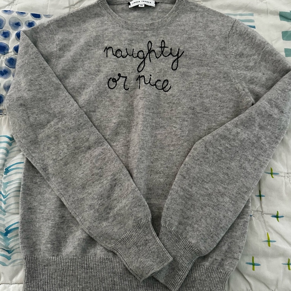 XS EUC Lingua Franca Sweater Gray Sweater with Embroidered Text